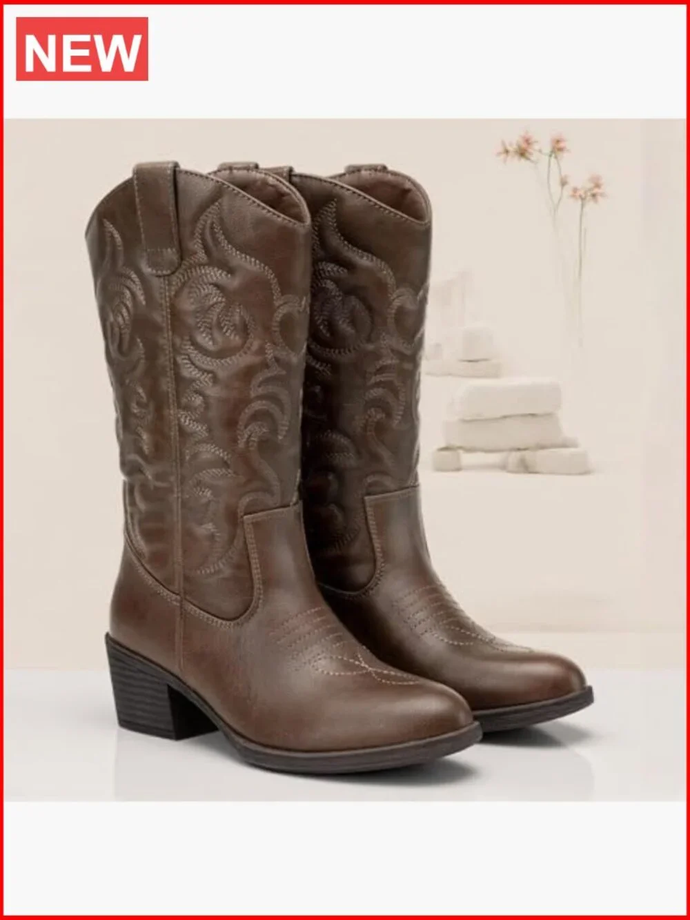 Women's Cowboy Boots Western Cowgirl Round Toe Mid Calf Pull On - Picture 3 of 7